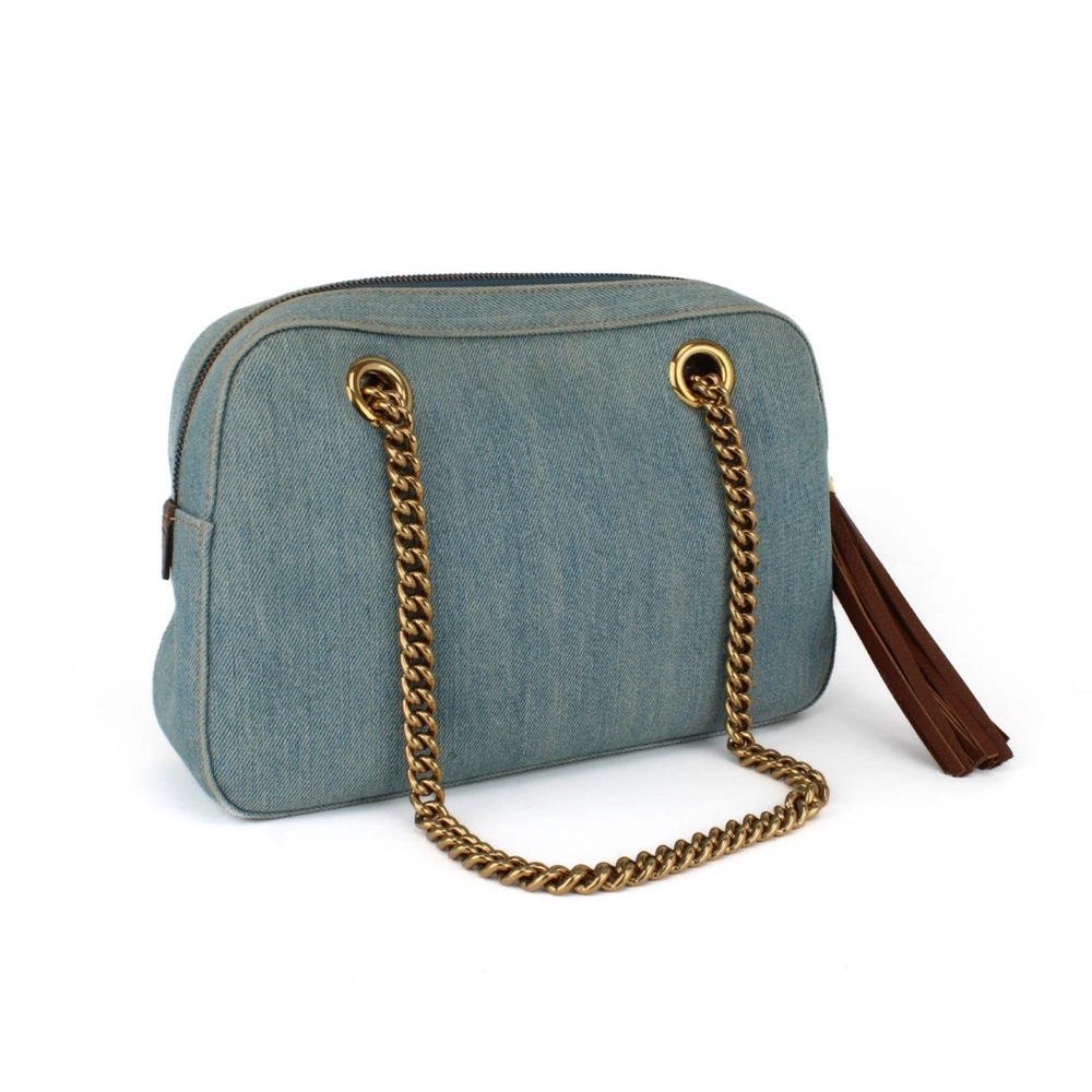 Authentic Gucci Blue Denim and Brown Tassel Soho Shoulder Bag with Gold Chain - Picture 2 of 9